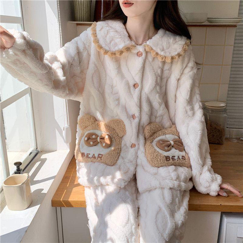 Womens Coral Fleece Pajama Set Princess Style Thick Warm Flannel Loungewear Winter
