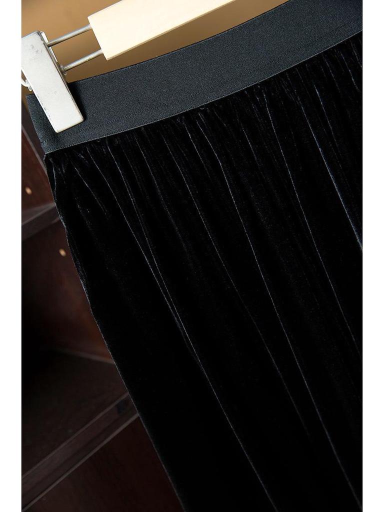 Velvet High Waist A-line Midi Skirt – Retro & Versatile Design