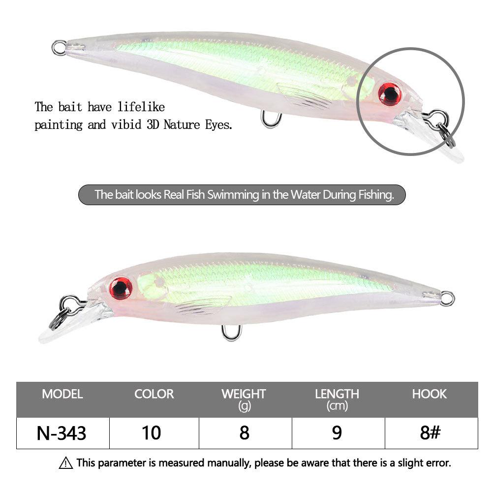 Newbility Bass & Marlin Minnow Lure Kit 9cm/8g ABS Plastic Bottom Baits with Hooks 10 Colors River/Stream Fishing for Carp Trout