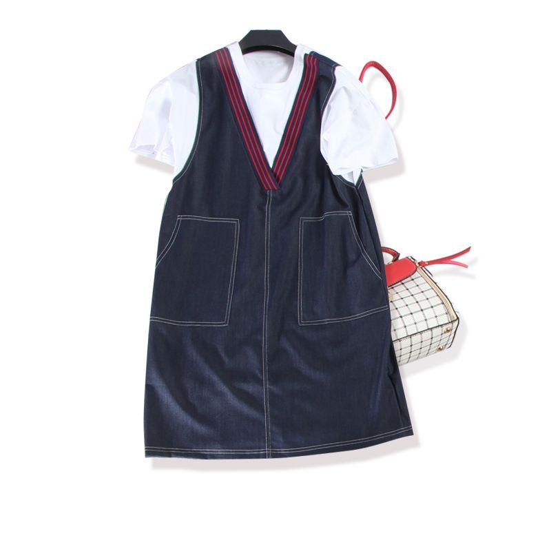 

Sea Soul Preppy Girly Heart! Strong Push Cotton Denim Fake Two-Piece Dress Amoi Bright Line Craft Skirt Breathable Blue XL