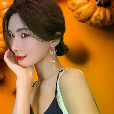 1 Paar Hangende Oorbellen Strik Vorm Glanzende Strass Steentjes Dames Oorbellen Hart Imitatie Parels Kwast Sieraden Accessoire