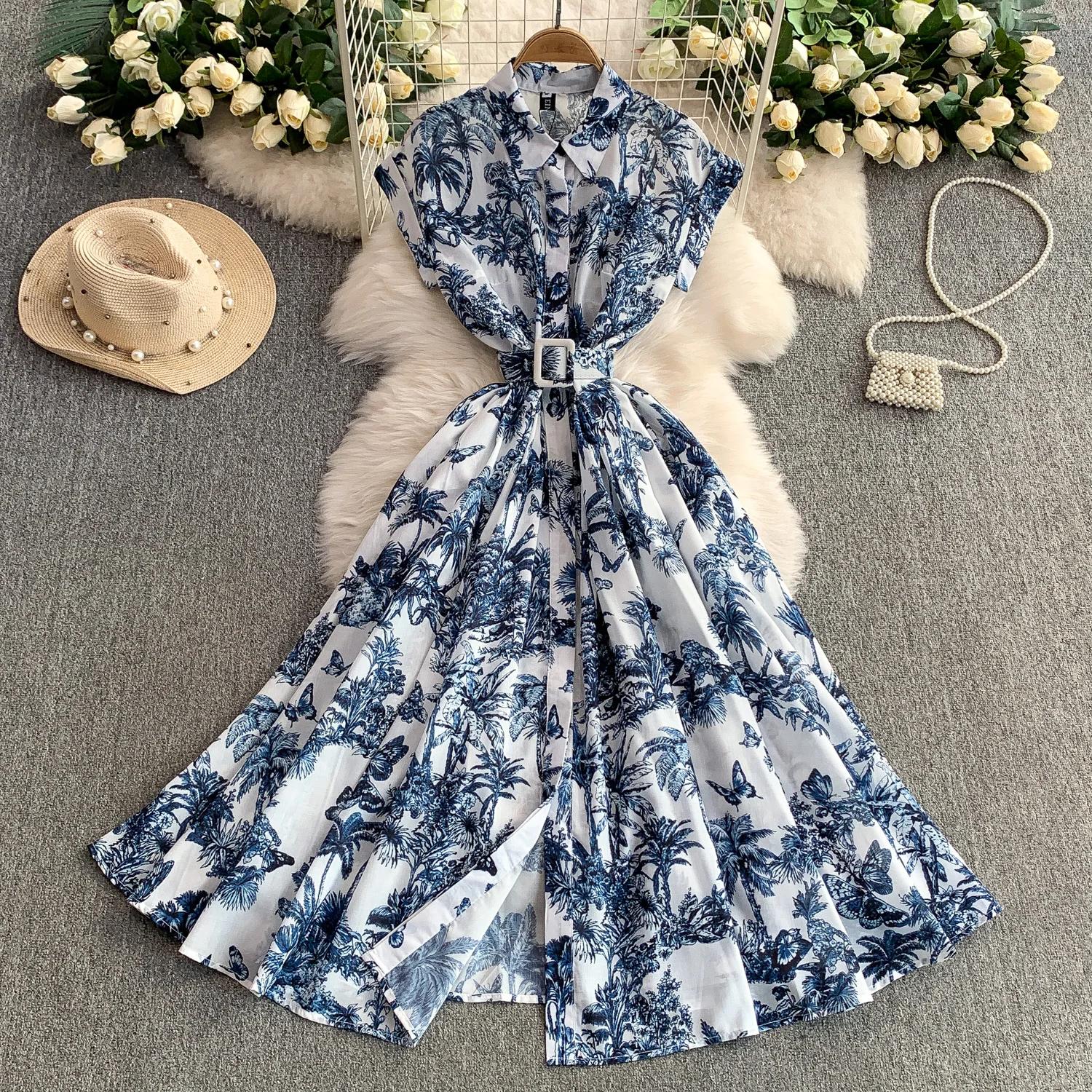 

Акварельный принт Отложной воротник irt Женская юбка макси с поясом, приталенная, Корейский стиль, Повседневная, С высокой талией, Средней длины XXL синий