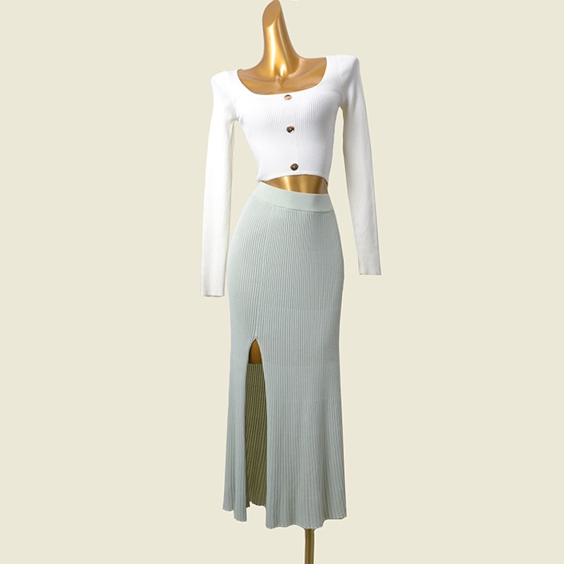 Fashion Style Square Collar Long Sleeve High Waist Short Knitwear + High Slit Sunken Stripe A- Line Skirt Two-piece Set Pack