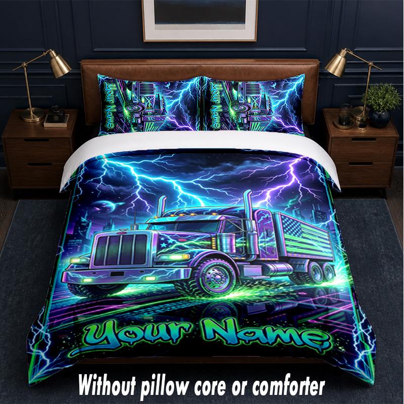 Truck Theme Custom Text Or Name 3Pcs Bedding Set,1 Flat Sheet & 2 Pillowcases Personalized Home Bedding