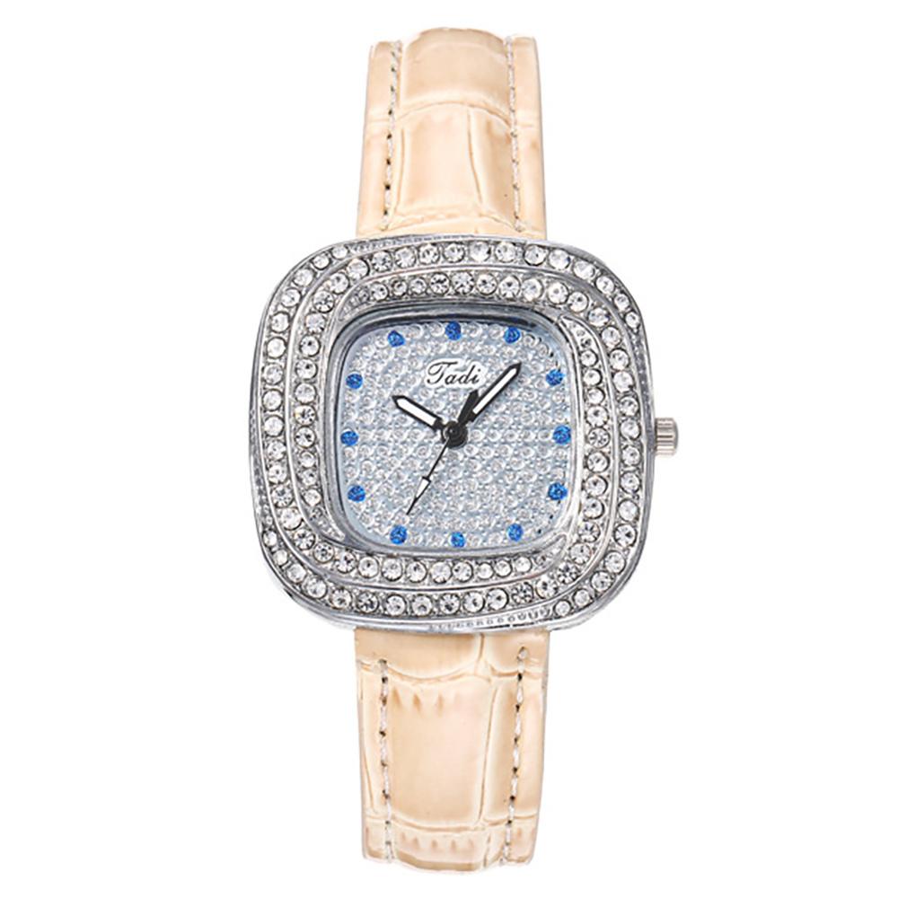 Women's New Luxury Full Star Diamonds Square Quartz Watch Business Women's Green Leather Casual Dress Clock Wristwatch