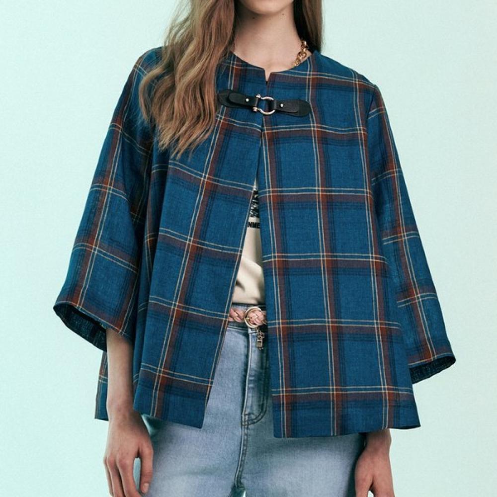 Maxza Linen Check Buckle Cape Jacket Zc08qj600on Blue/FREE
