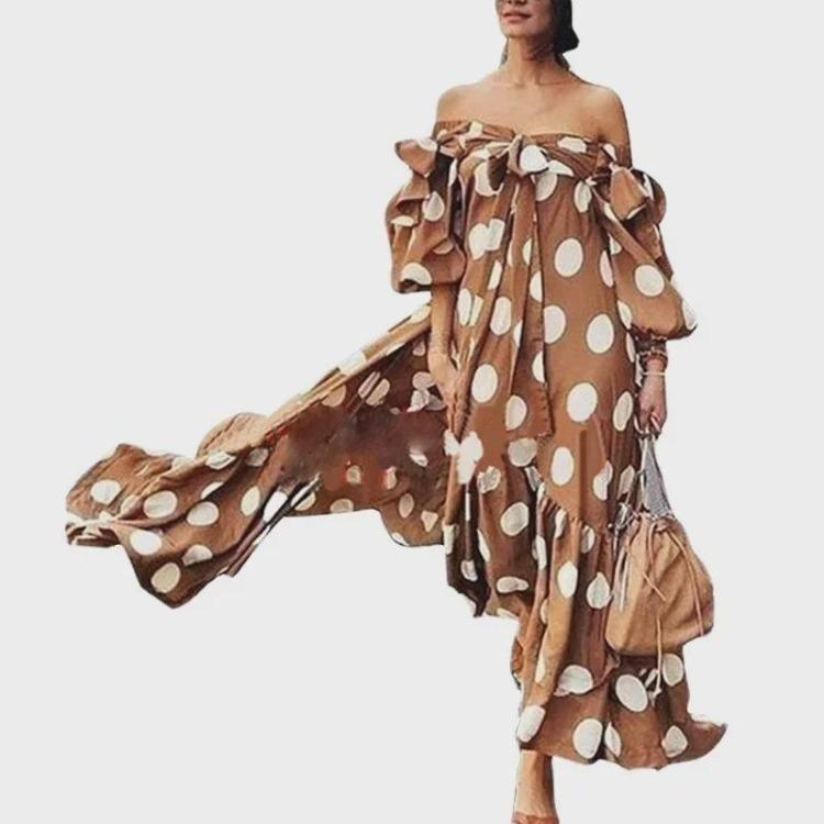 European American Style Off Shoulder Polka Dot Bohemian Maxi Dress