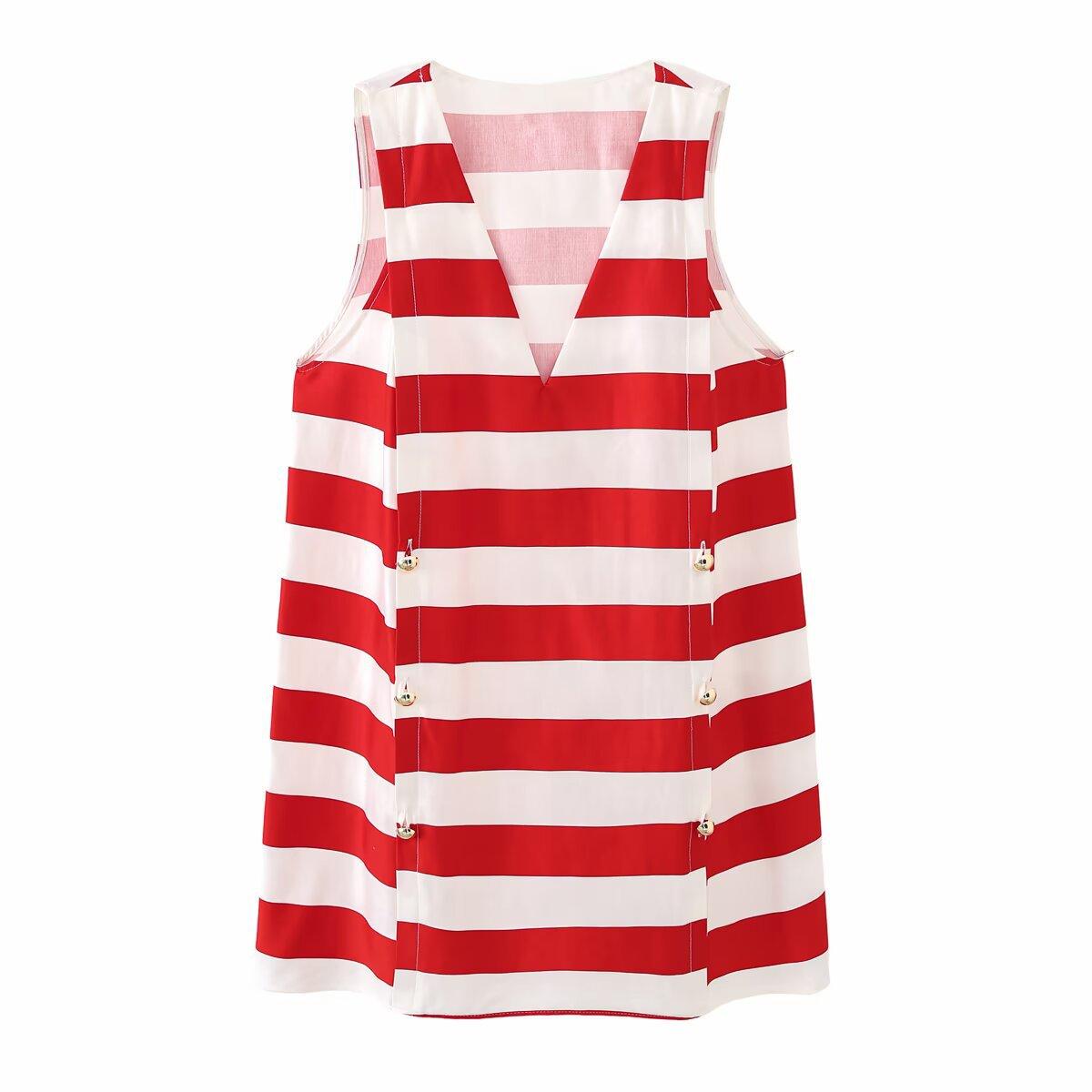 European and American style, new women s clothing, foreign style, classic striped sleeveless V-neck mini dress XS