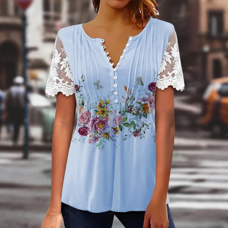 Women Summer Short Sleeve V Neck Printed T Shirt Top