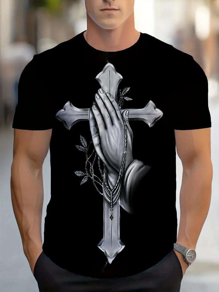 Men039S Sports Crew Neck T-Shirt with Cross and Prayer Hand Pattern 95% Cotton