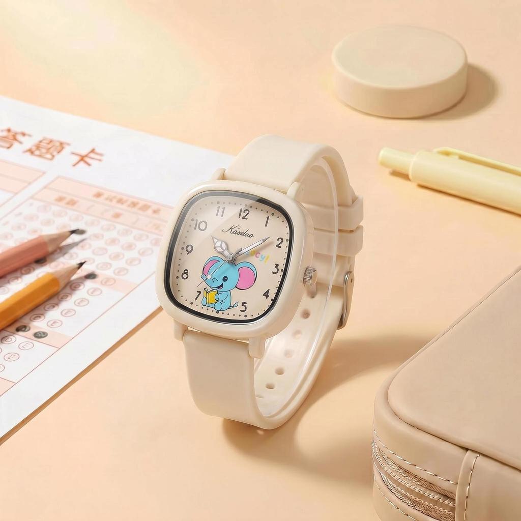 Cream-Colored Children's Watch: INS Style, Cute Cartoon Elephant Design, Silent for Exams, Ideal for Primary & Secondary Students.