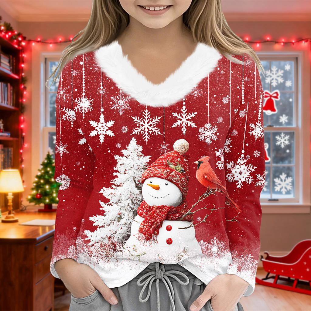 Christmas Day Girls Long Sleeve T Shirts Kids  Girls' V-Neck Tee Christmas Print Long Sleeve Top