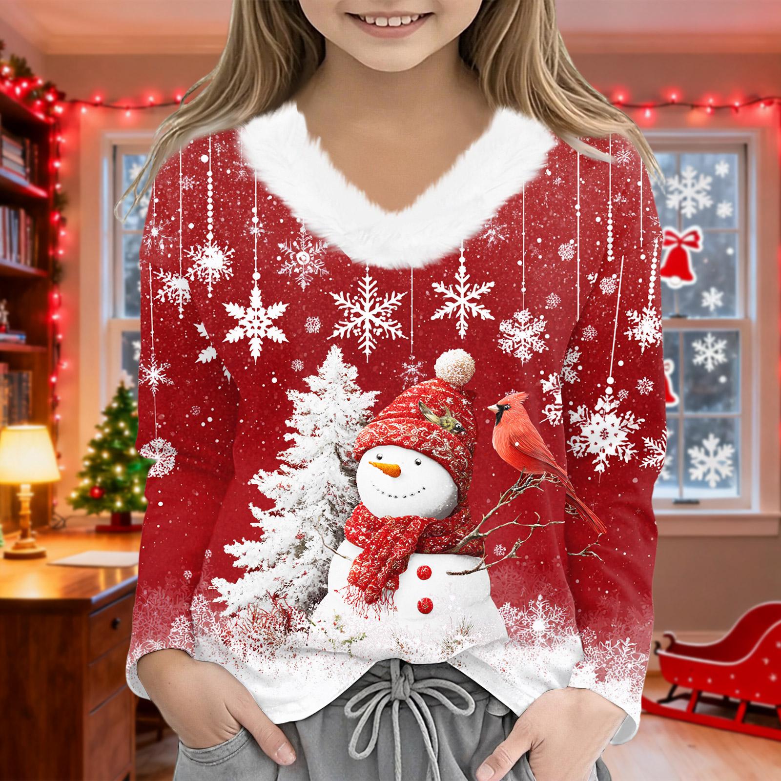 

Різдвяний день Футболки з довгим рукавом для дівчаток Дитячі Футболка з V-подібним вирізом для дівчаток Різдвяний принт Топ з довгим рукавом 120 червоний
