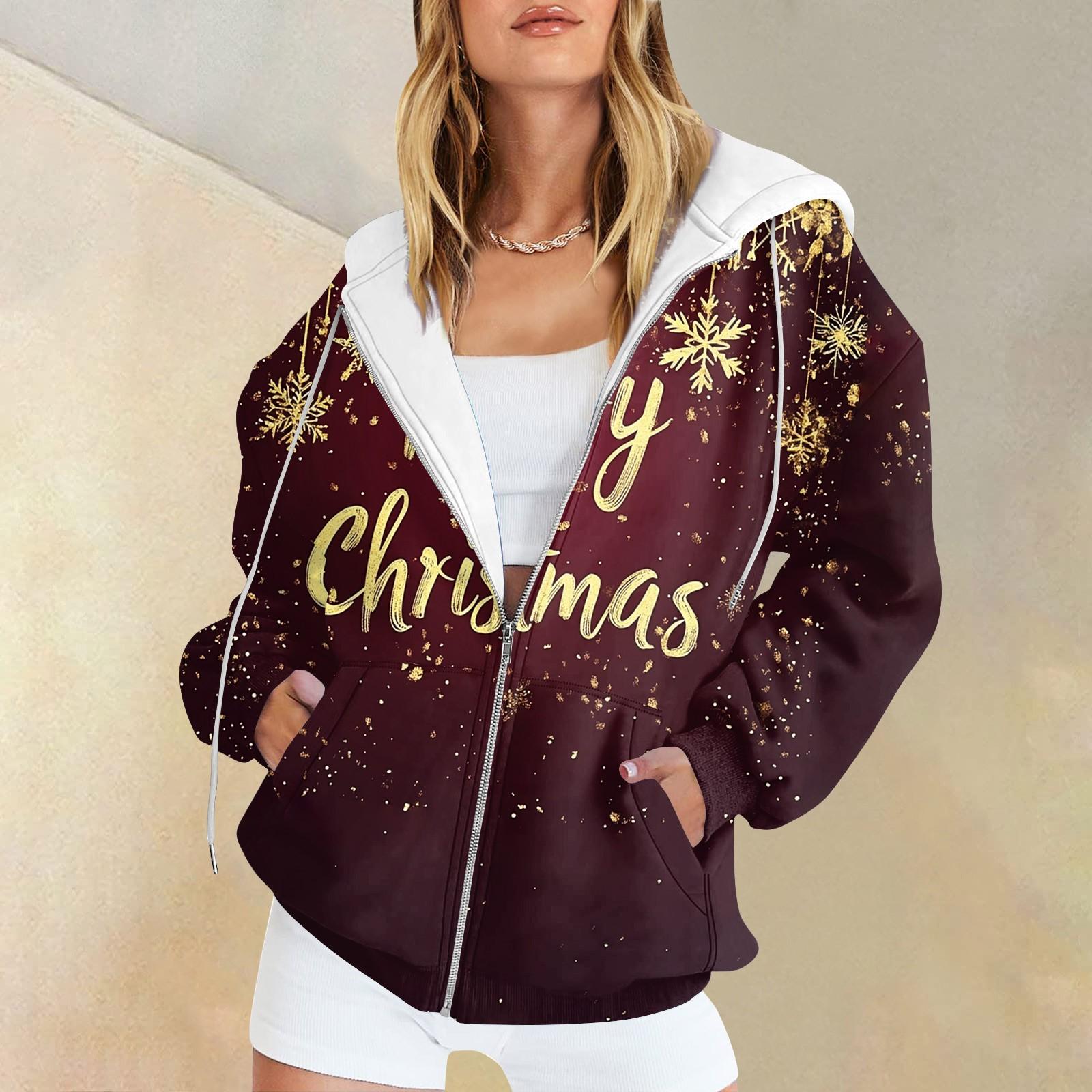 

Женская рождественская печатная толстовка, зимняя куртка-кардиган с длинными рукавами и карманами, на молнии, толстовка с капюшоном, верхняя одежда XL