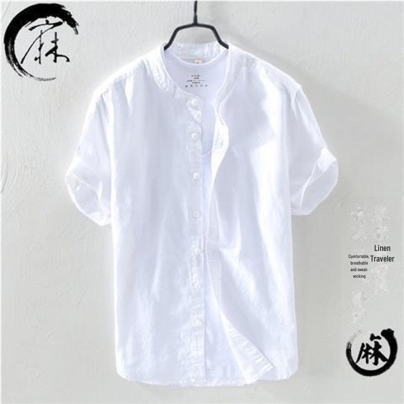 Men's Short-Sleeve Chinese-Style Stand Collar Linen Shirt - Casual, Lightweight, Summer Trend