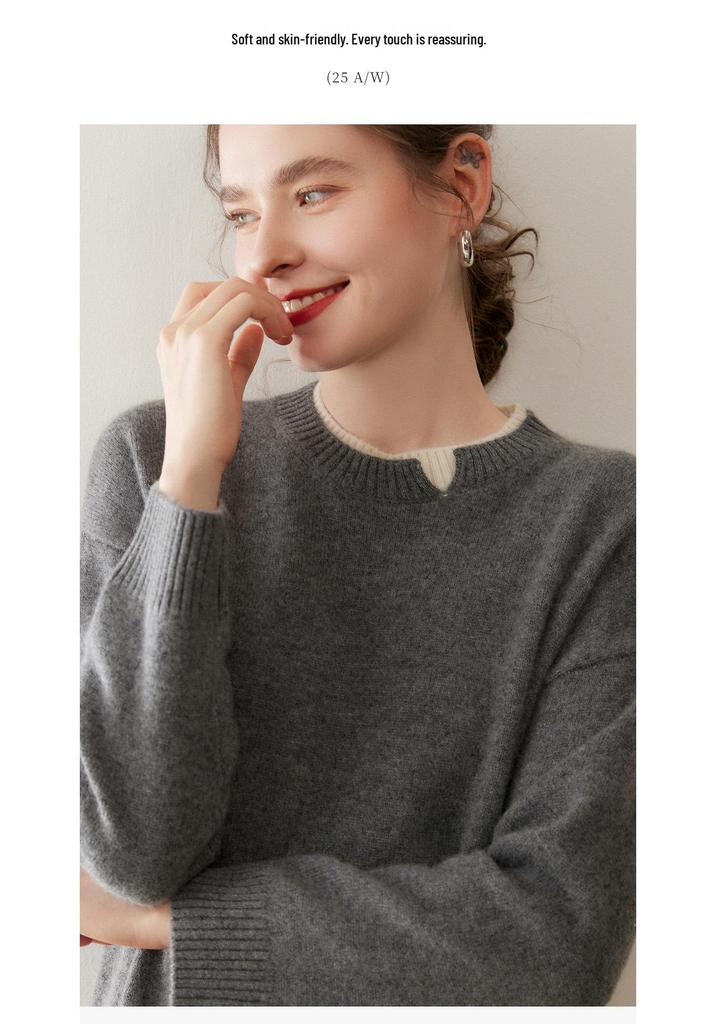Women's Cashmere Color Block Slit Pullover: Autumn/Winter Thick Two-Piece Knitwear