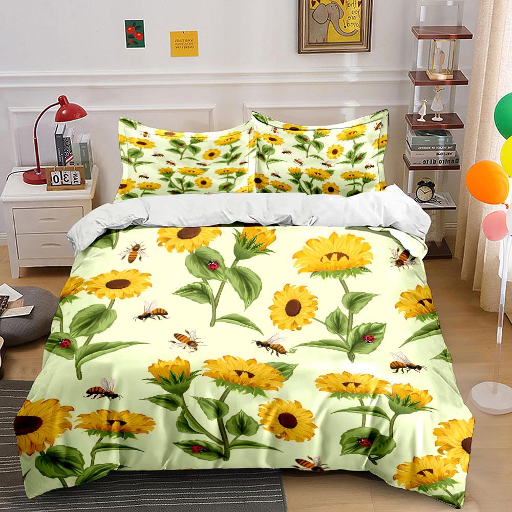 Sunflowers, leaves, bees, ladybugs. Bedding sets Duvet cover sets Duvet covers Pillowcases(1*Duvet Cover 2*Pillowcases without duvet insert)