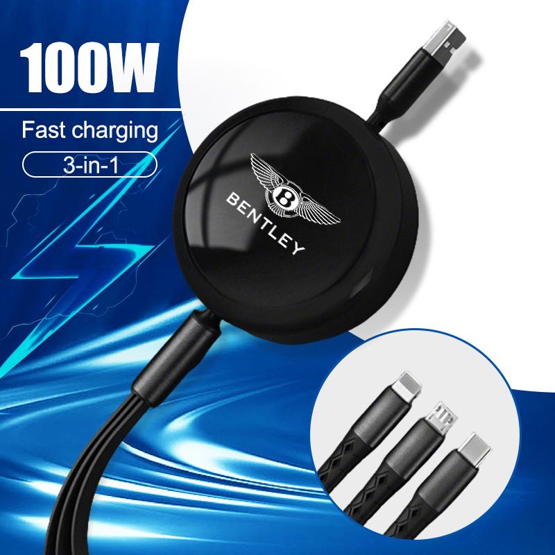 100W 3-in-1 Micro Data USB Type-C Type C Fast Charger Cable For New Bentley Flying Spur ContinentalGTBentaygaMulsanneAccessories