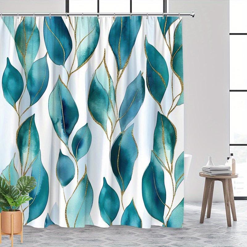 Watercolor Leaf Shower Curtain – Teal Leaves with Gold Line Art, White Background, 2D Flat Print, Polyester, 70.8"x70.8"Inch