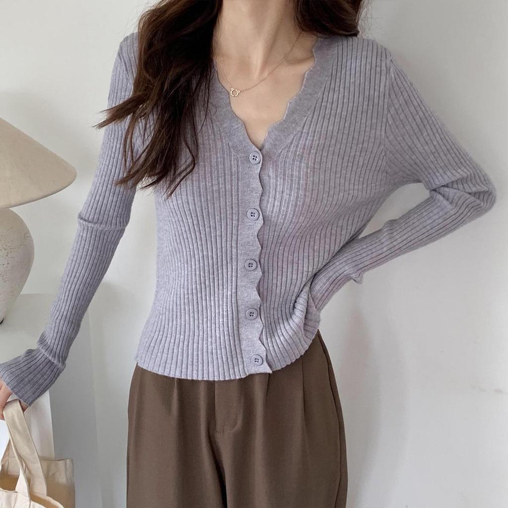 Autumn Korean V-Neck Slim Fit Core-Spun Yarn Cardigan Sweater for Women