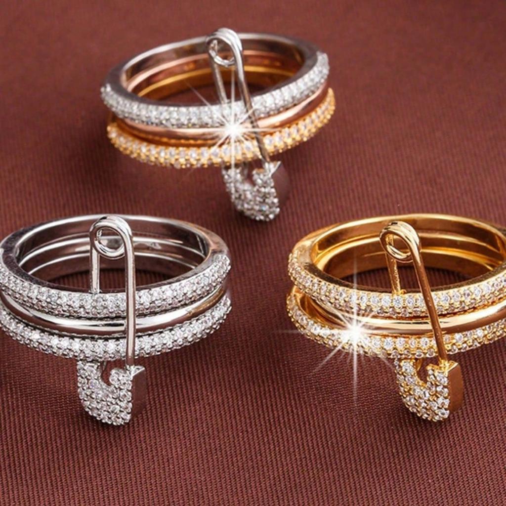 Dainty Safety Pin Open Rings for Women Silver Plated Adjustable Finger Ring with Sparkling Cubic Zirconia Band Jewelry