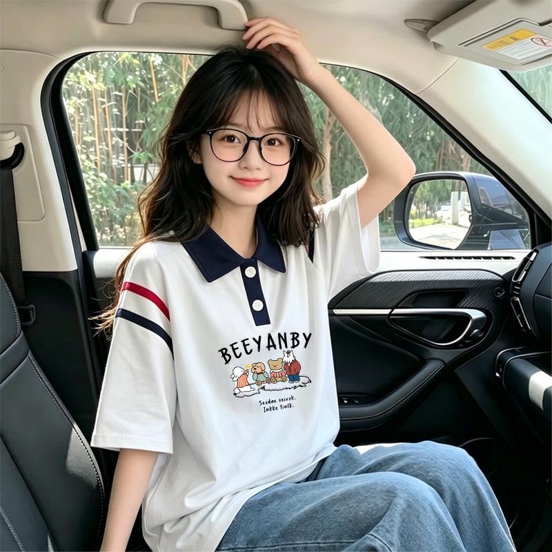 Girls' Stylish Patchwork Short-Sleeve Polo T-shirt - Summer Korean Style, Loose Fit, Cotton, Color Block Design, Medium to Large Sizes.
