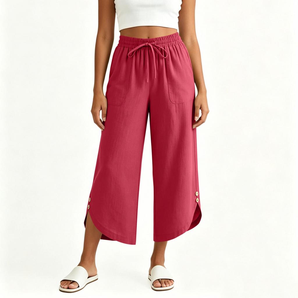 Women Casual Elastic Waist Drawstring Pants with Pockets Side Button Detail Relaxed Fit Cropped Trousers for Everyday Wear
