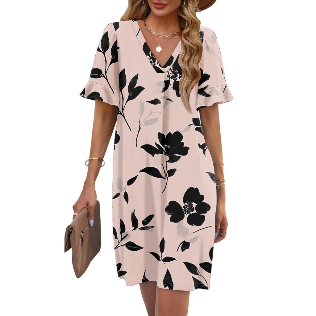 Women's Summer Floral Print Dress Pleated Short Sleeve V-Neck Pocket Casual Dress