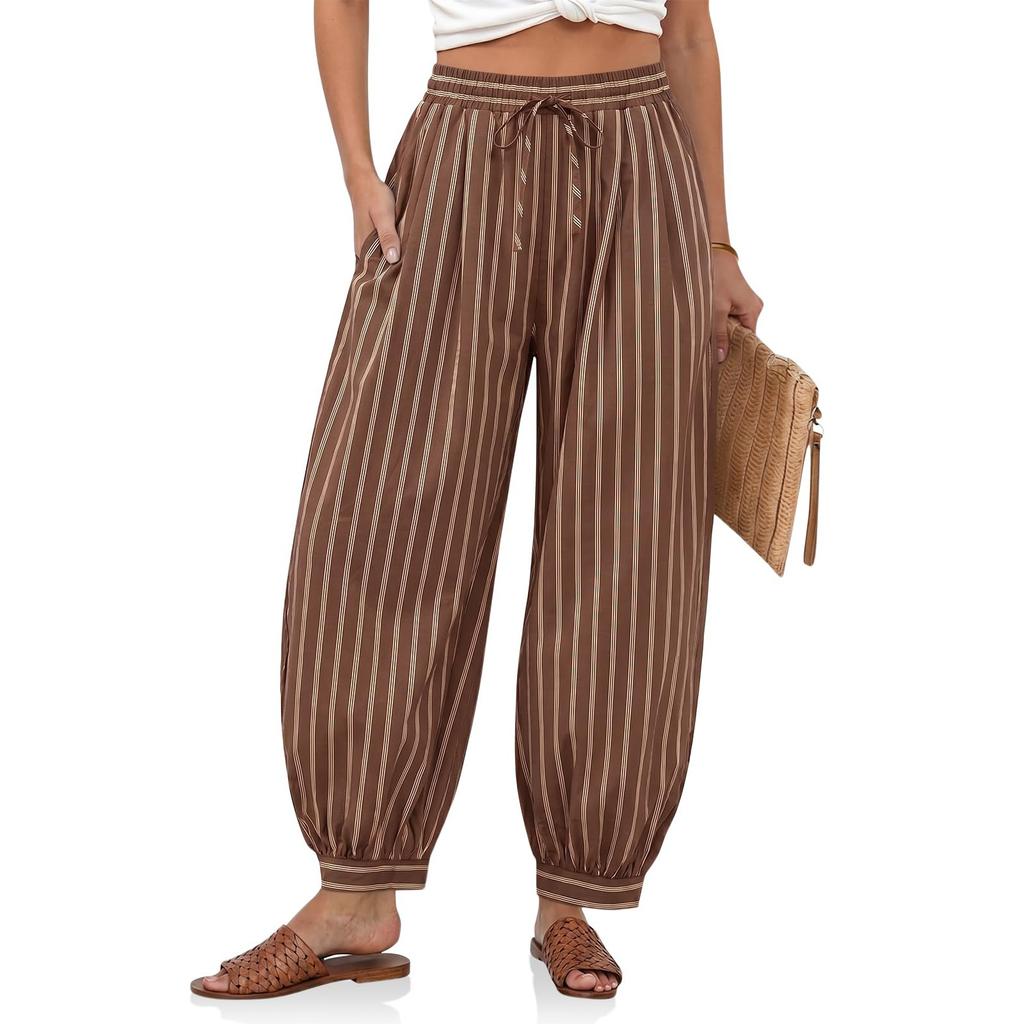 Women’s Loose Fit Casual Pants with Drawstring Waist Wide Leg Design Striped Print Lightweight Relaxed Style for Daily Wear