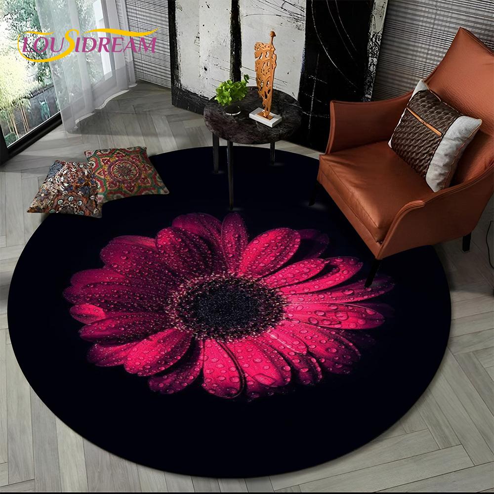 3D Dream Flower Rose Daisy Nordic Round Carpet Rug for Living Room Bedroom Child Playroom Chair Decor,Pet Area Rug Non-slip Mat