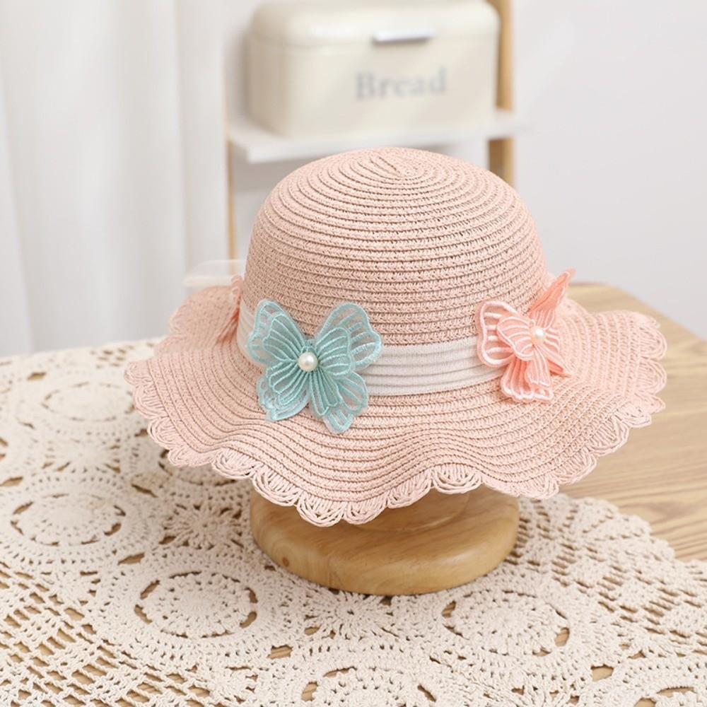 Wide Brim Straw Bag Cap Set Pearl Bow Style Sun Hat Sunscreen Sunshade Hat  for 2-8 Years Kids