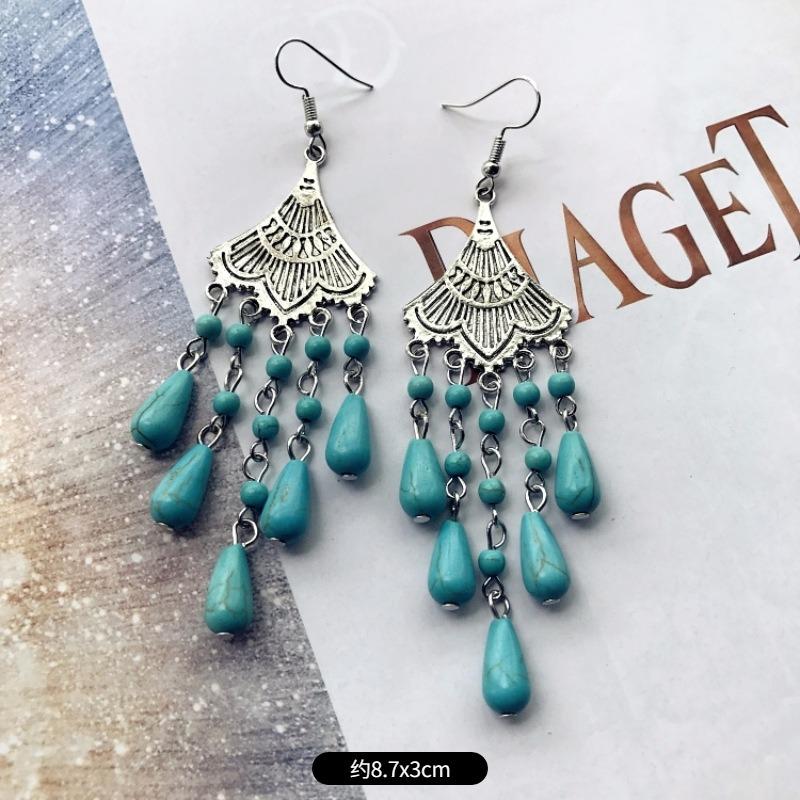 Temperament Retro Turquoise Earrings, Ancient Silver Water Drop Fringed Earrings, Women's Versatile Long Ear Jewelry
