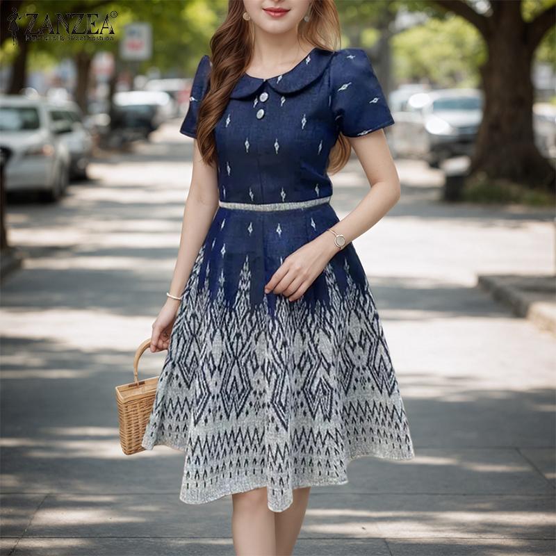 ZANZEA Women Summer Doll Collar Casual Short Sleeve Print Dress