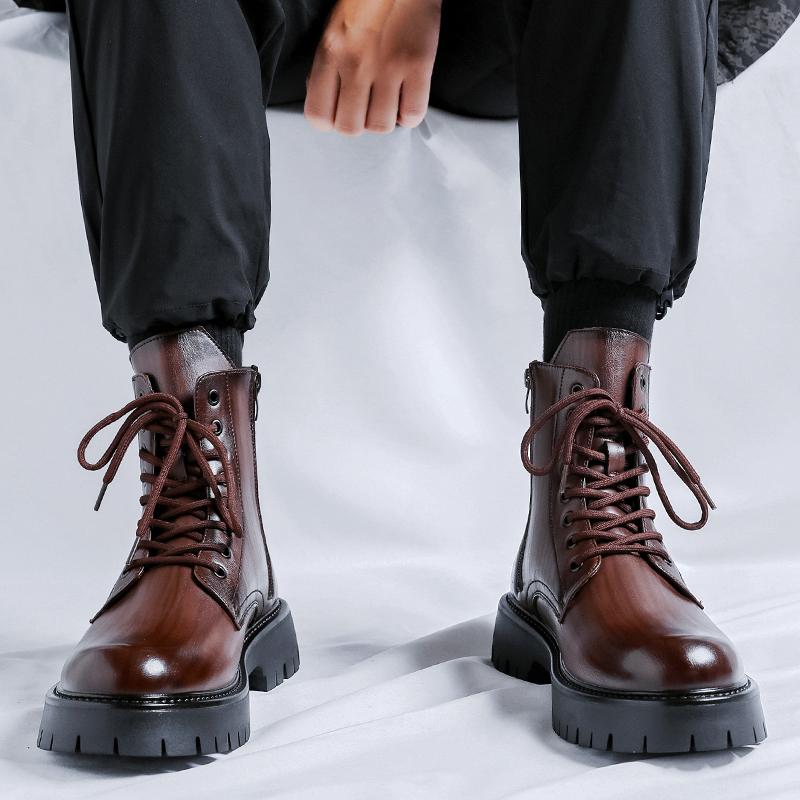 2024 High-Quality Brown Men's Boots Fashion High-Top Leather Shoes Man Comfortable Platform Ankle Boots For Men botas de hombre