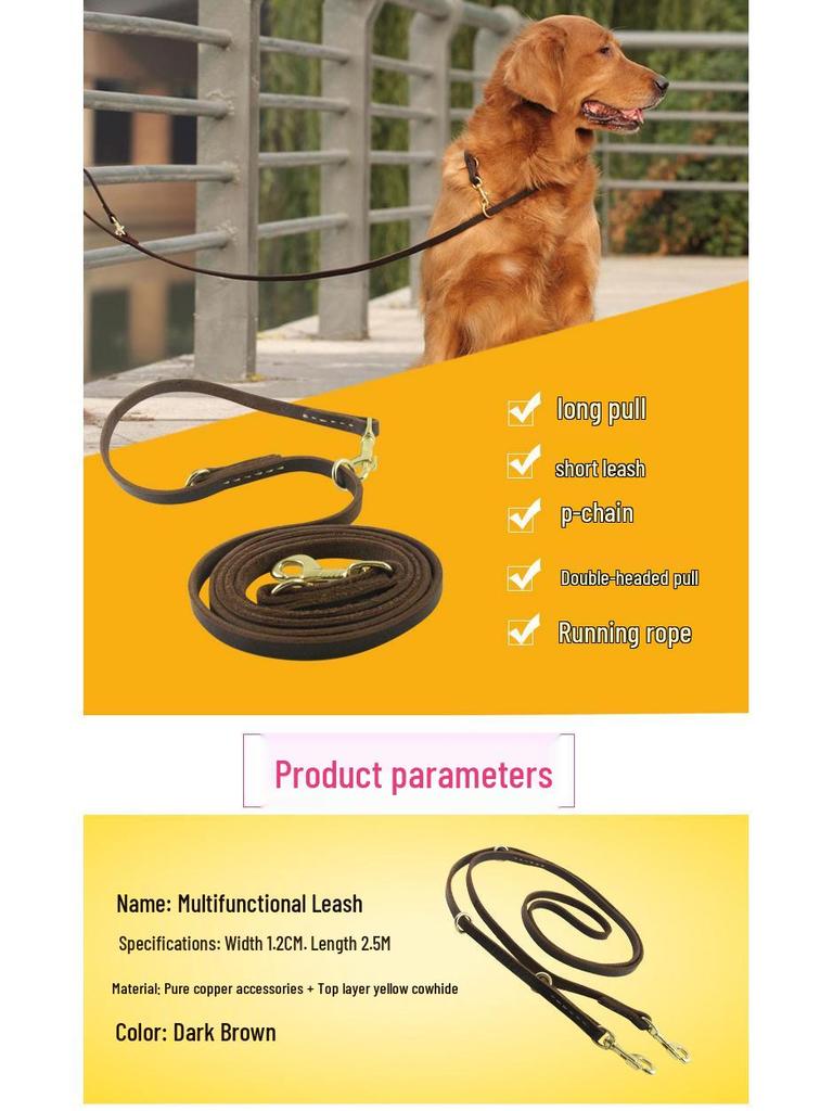 Multi-Function Cowhide Dog Leash: Convenient Tie-Out and Running Rope