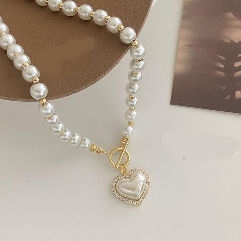 Romantics Heart Shaped Artificial Pearls Necklace Clavicle Chain Adjustable Length Neckchain for Women Girls