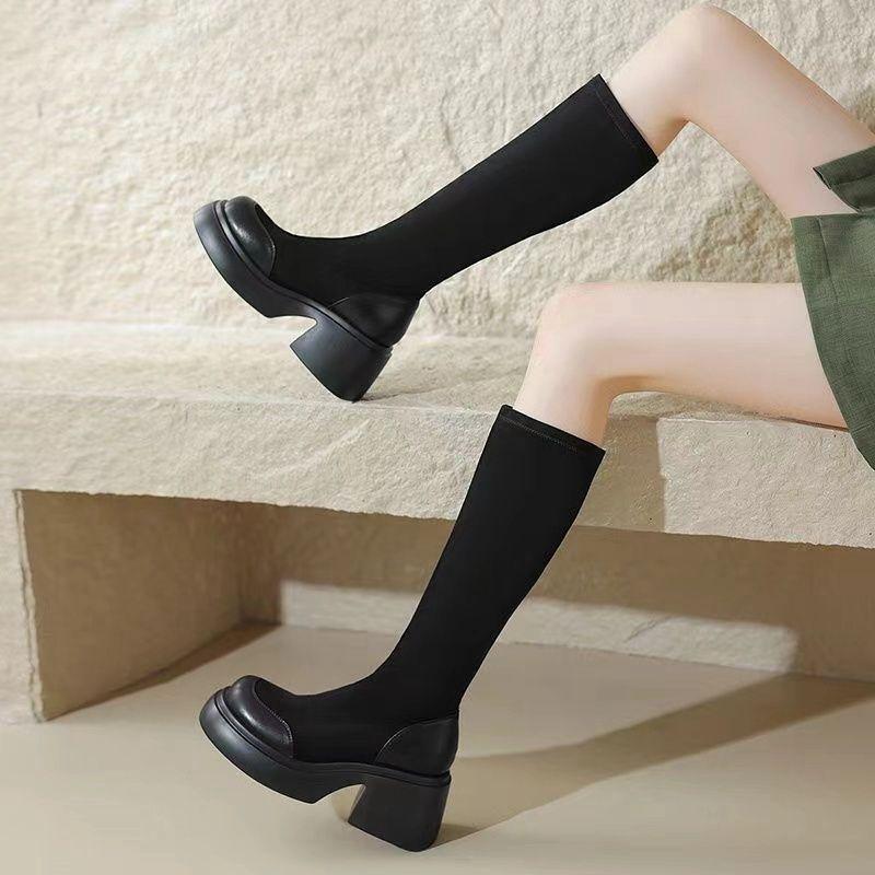 Fashion Elegant Heeled Round Toe Ladies Knee High Shaft Shoes Autumn Winter Platform Women's Long Boots Elastic Comfortable Boot Sale