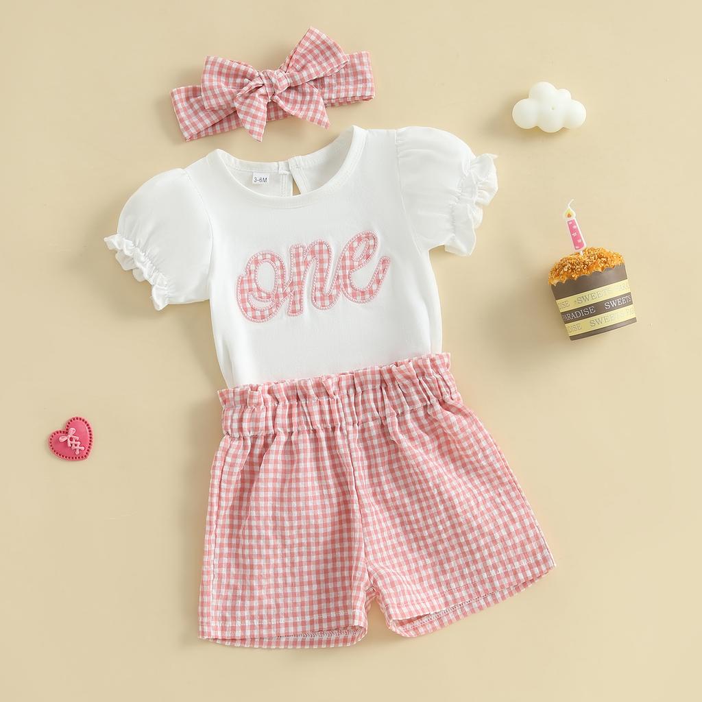 Baby Mädchen 1. Geburtstag Outfits Buchstaben Kurz Puffärmel Strampler mit Karodruck Shorts und Stirnband