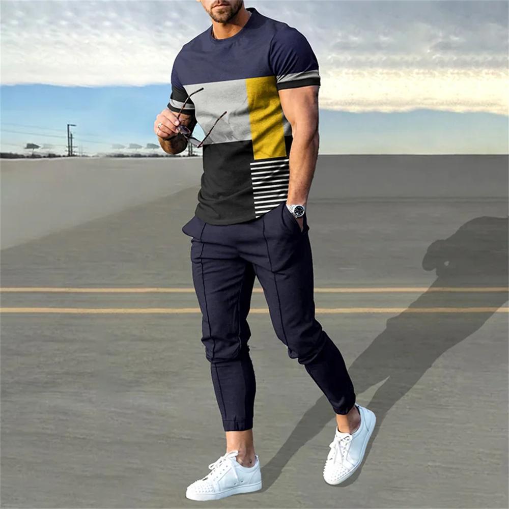 Men's Trousers Tracksuit 2 Piece Set Fashion Sportswear Summer Streetwear Short Sleeve T Shirt+Long Pants Male Clothing