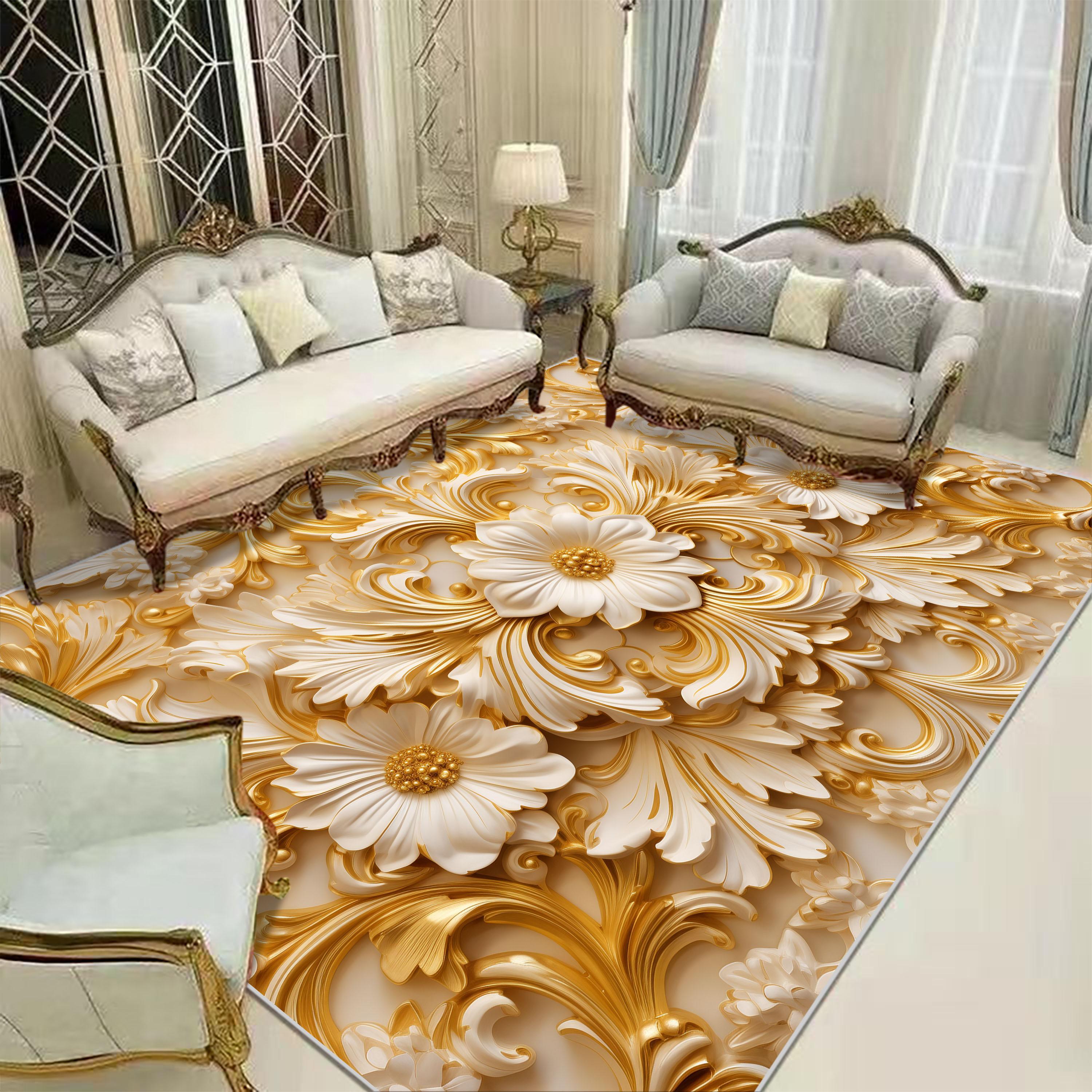 

White Luxury Carpets for Living Room 3D Golden Flowers Decoration Home Sofa Side Large Area Floor Mats Washable Rugs for Bedroom 80x160cm
