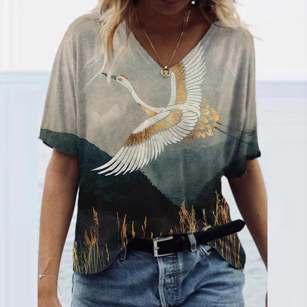 Fashion Women's Summer Printed Short Sleeve -Neck T-Shirt Casual Tee Tops