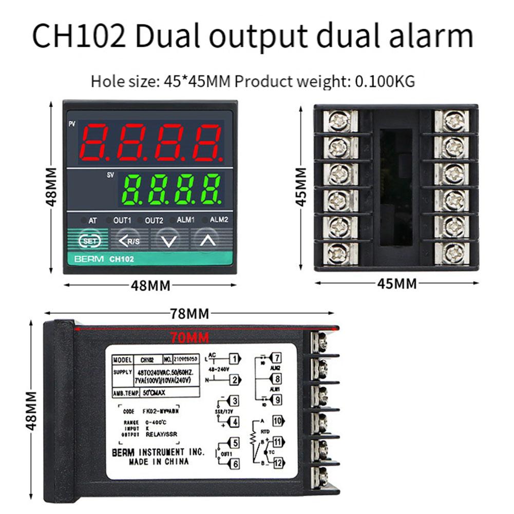 CH102 Intelligent Thermostat, Relay/Suitable For Solid-State Relays, Dual Outputs, Dual Alarms, PID Temperature Control Tools