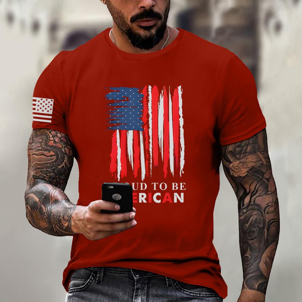 Men's Fashion Casual Short Sleeve Round Neck Independence Day Flag T-Shirt Top
