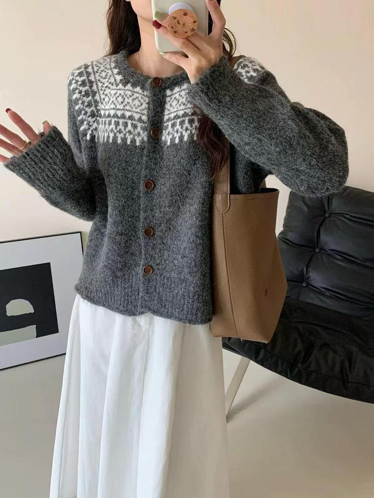 Korean Style Soft Fluffy Fair Isle Knit Cardigan - Women's Autumn/Winter Loose Fit with Rolled Edge