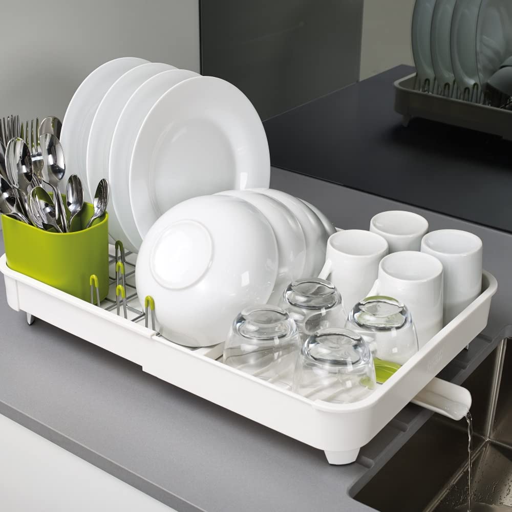 Joseph Joseph Extend Telescopic Drainer Drying Rack for Sinks with Removable Cutlery Holder and Swivel Drainer Spout Off 85071 - - White/Green