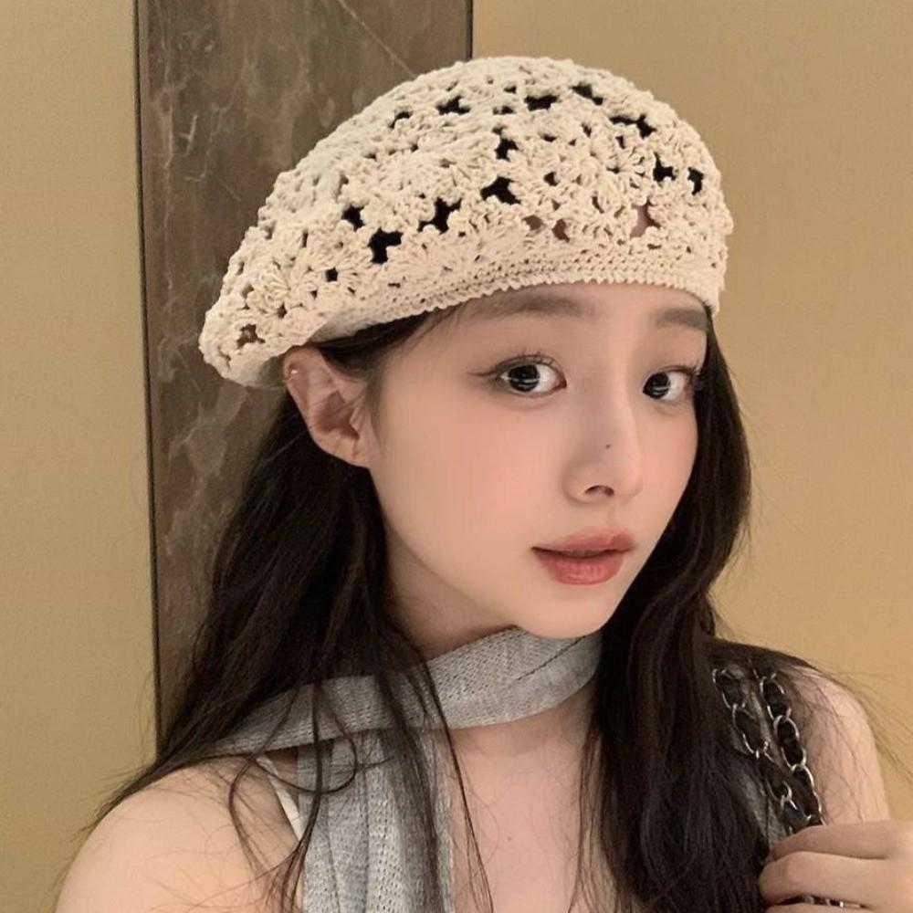 Japanese Style Flower Hat Breathable Crochet Knitted Cap Brimless Hollowed Out Beret  Holiday