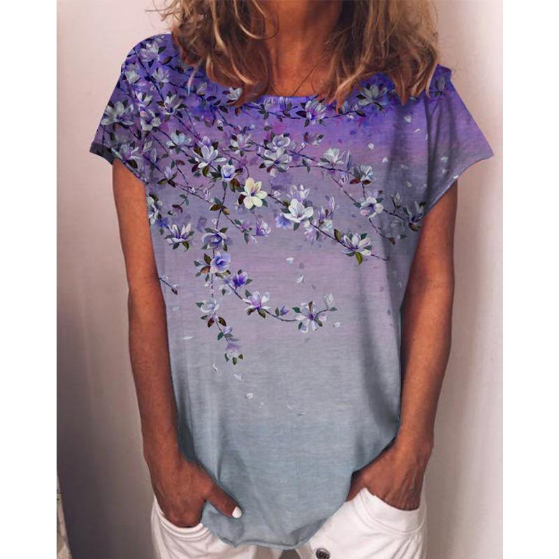 Women's Watercolor Painting 3D Floral Print Round Neck Pullover with Rolled Edges Short Sleeved T-shirt