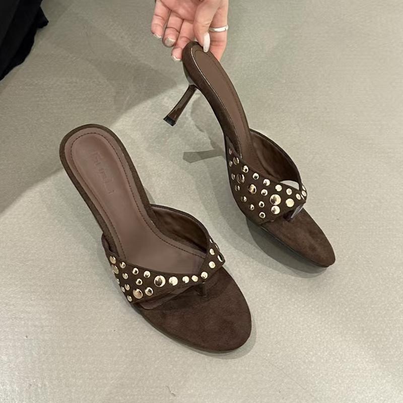 Fashion SUOJIALUN 2025 Summer New Brand Women Slipper Fashion Open Toe Slip On Slides Ladies Elegant Thin High Heel Dress Pumps Slides