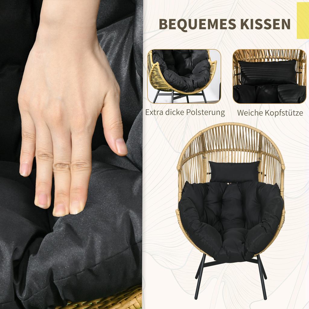 Rattan-Sessel, Stuhl für den Außenbereich, Gartenstuhl. PE-Rattan. 89 cm x 75 cm x 143 cm. Natürlich + Schwarz