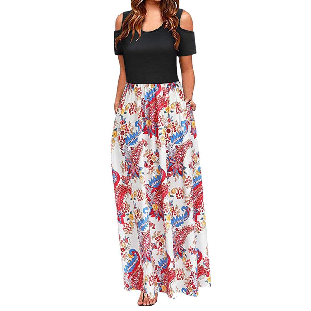 Women' Cold Shoulder Pocket Floral Print Elegant Maxi Short Sleeve Casual Dress